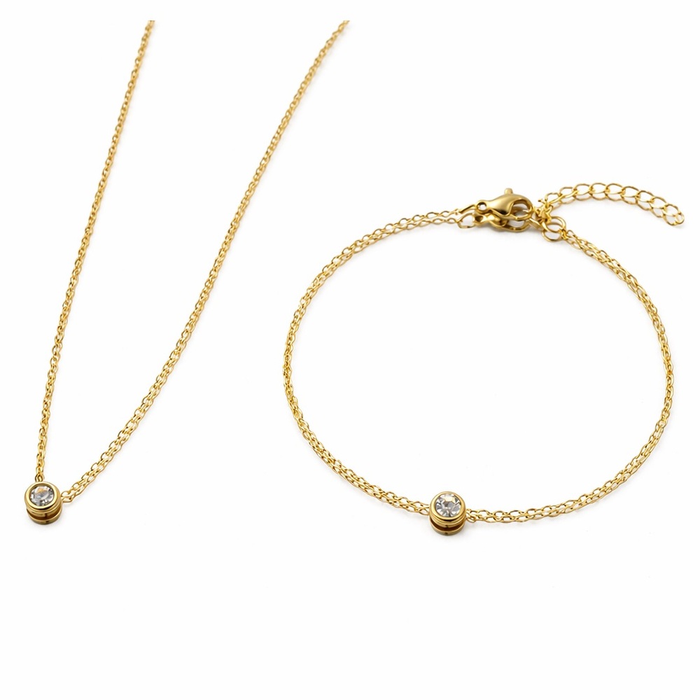 Gold Bezel Crystal Necklace & Bracelet Set | Stainless Steel | Adjustable Set